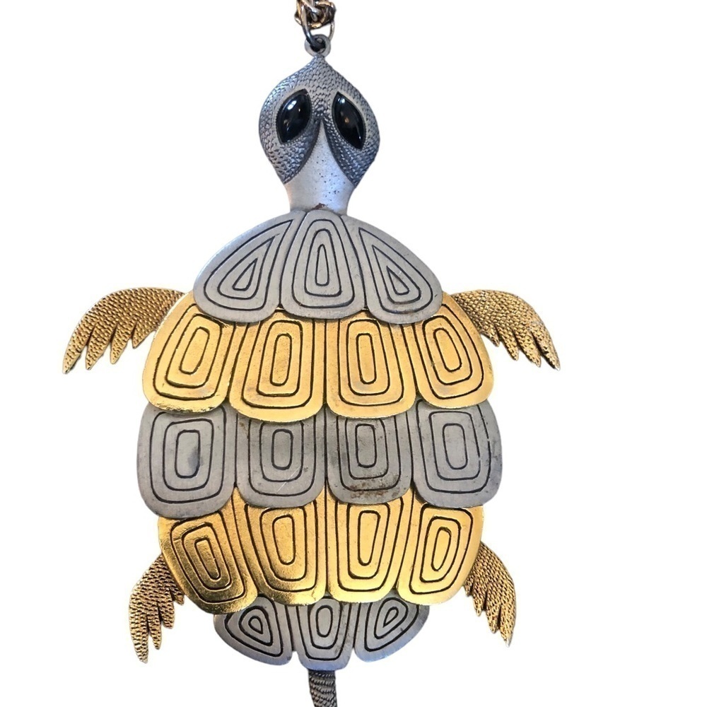 VTG Two Tone Metal Turtle Necklace Gold Link Chain Necklace 15” Gold Silver